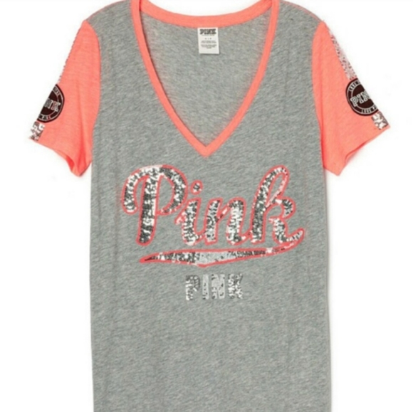 PINK Victoria's Secret Bling Sequin Heather Gray Orange Perfect Tee NWT Large - Picture 6 of 9